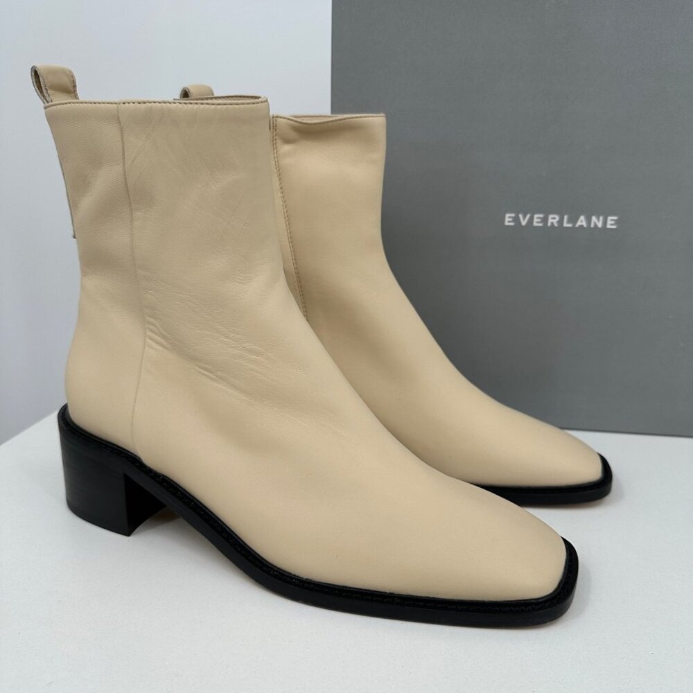 Everlane The City Boot in Cream Leather 9.5 Women's Side Zip Block Heel Ankle